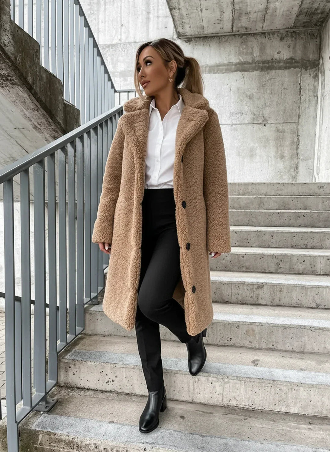 Women's cozy teddy long coat with button-front, relaxed fit, perfect for winter fashion and everyday style.