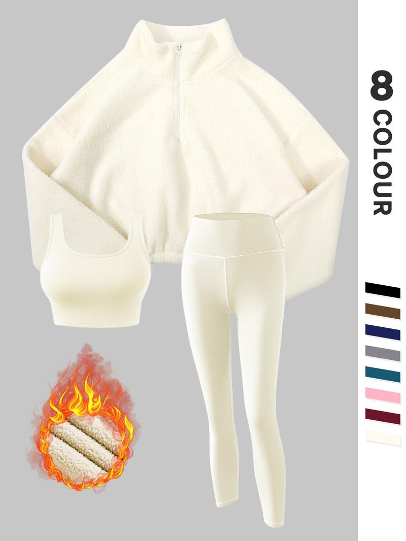 Model wearing a complete women's thermal fleece loungewear set, showcasing fit and cozy style