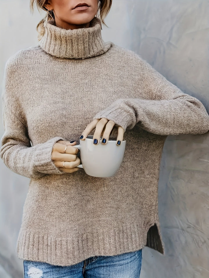 Fall fashion women's turtleneck sweater, relaxed fit, long sleeve, comfortable winter style.