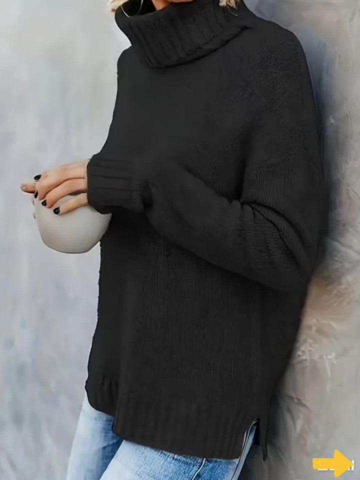 Women's long sleeve turtleneck sweater, cozy texture, stylish split hem for fall fashion.