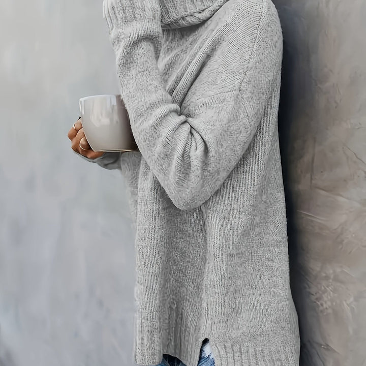 Essential women's turtleneck sweater for winter, relaxed fit, warm & cozy with a split hem.