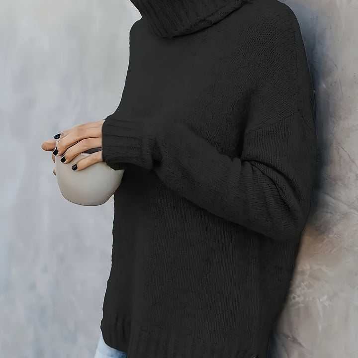 Women's casual fall sweater, turtleneck style, long sleeve, comfortable and cozy with split hem.