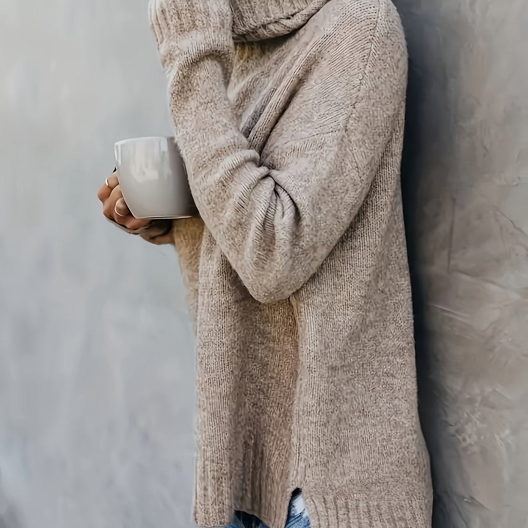 Winter style women's cozy turtleneck sweater, relaxed fit, split hem, perfect for warmth.