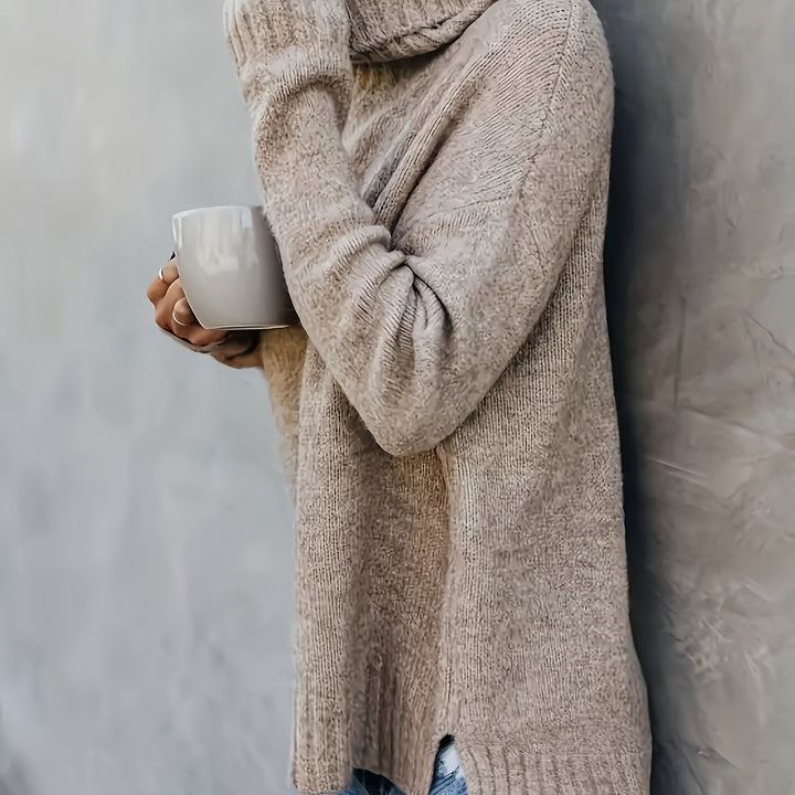 Winter style women's cozy turtleneck sweater, relaxed fit, split hem, perfect for warmth.