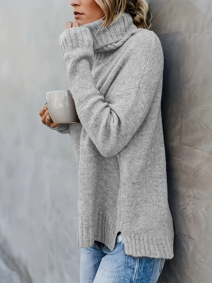 Elegant women's long sleeve turtleneck sweater, cozy fabric for winter and fall outfits.