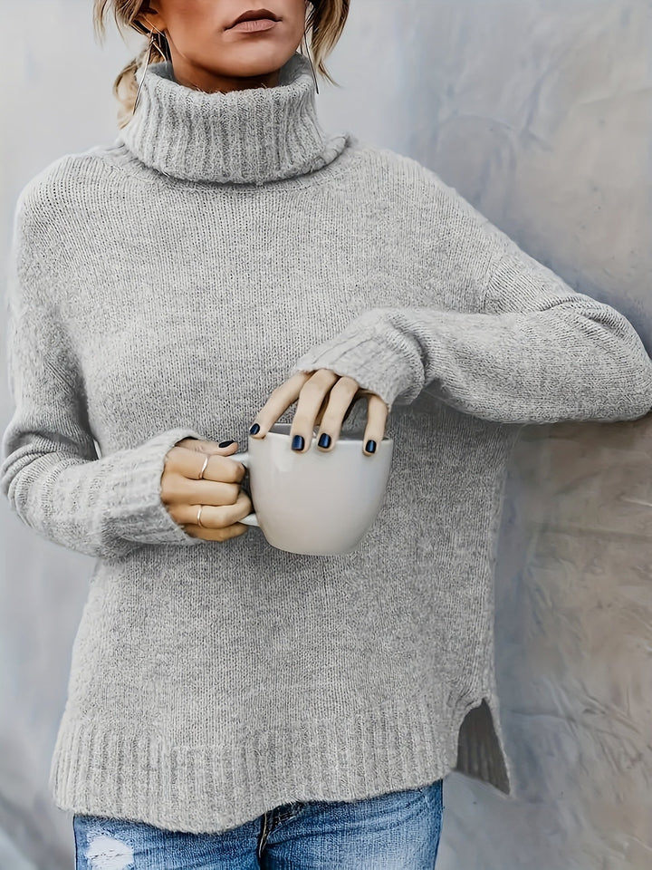 Chic women's split hem turtleneck sweater, long sleeve, essential for fall and winter fashion.