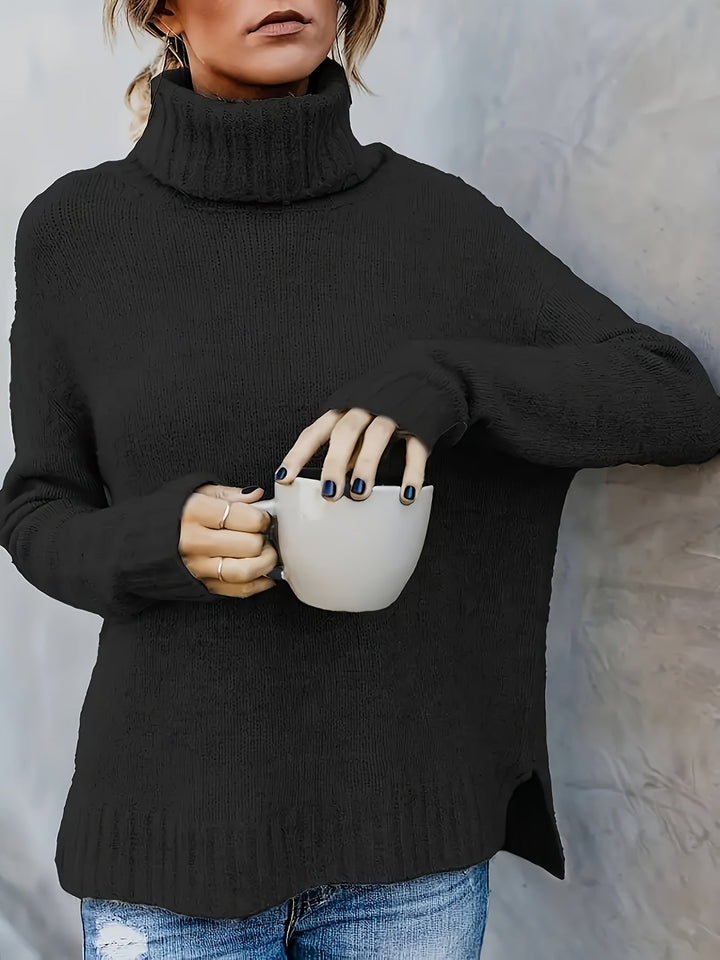 Stylish women's long sleeve turtleneck sweater, cozy fall fashion, a warm winter staple.
