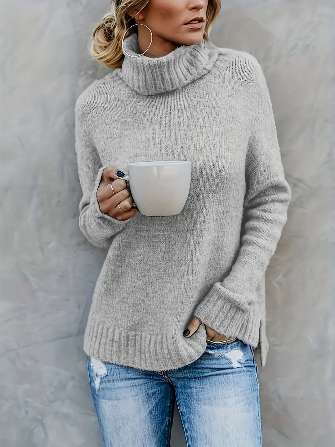 Women's casual turtleneck sweater, split hem detail, cozy and warm for fall and winter.
