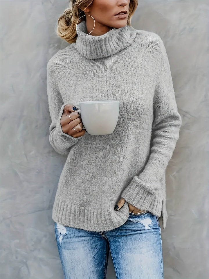 Women's casual turtleneck sweater, split hem detail, cozy and warm for fall and winter.