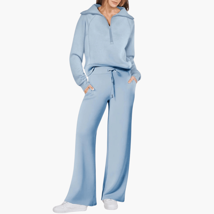Comfortable women's zip-up hoodie with wide-leg pants lounge set. Soft fabric for cozy home wear & casual style.