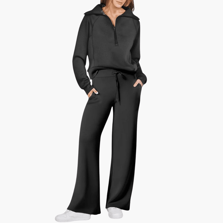 Versatile women's wide leg lounge set with zip-up hoodie. Matching cozy outfit for ultimate comfort & casual fashion.