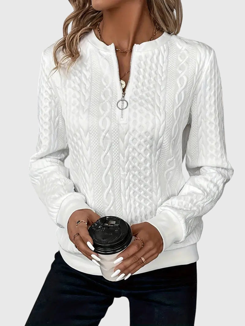 Cozy women's red cable knit pullover sweater, quarter-zip for adjustable comfort & warmth.