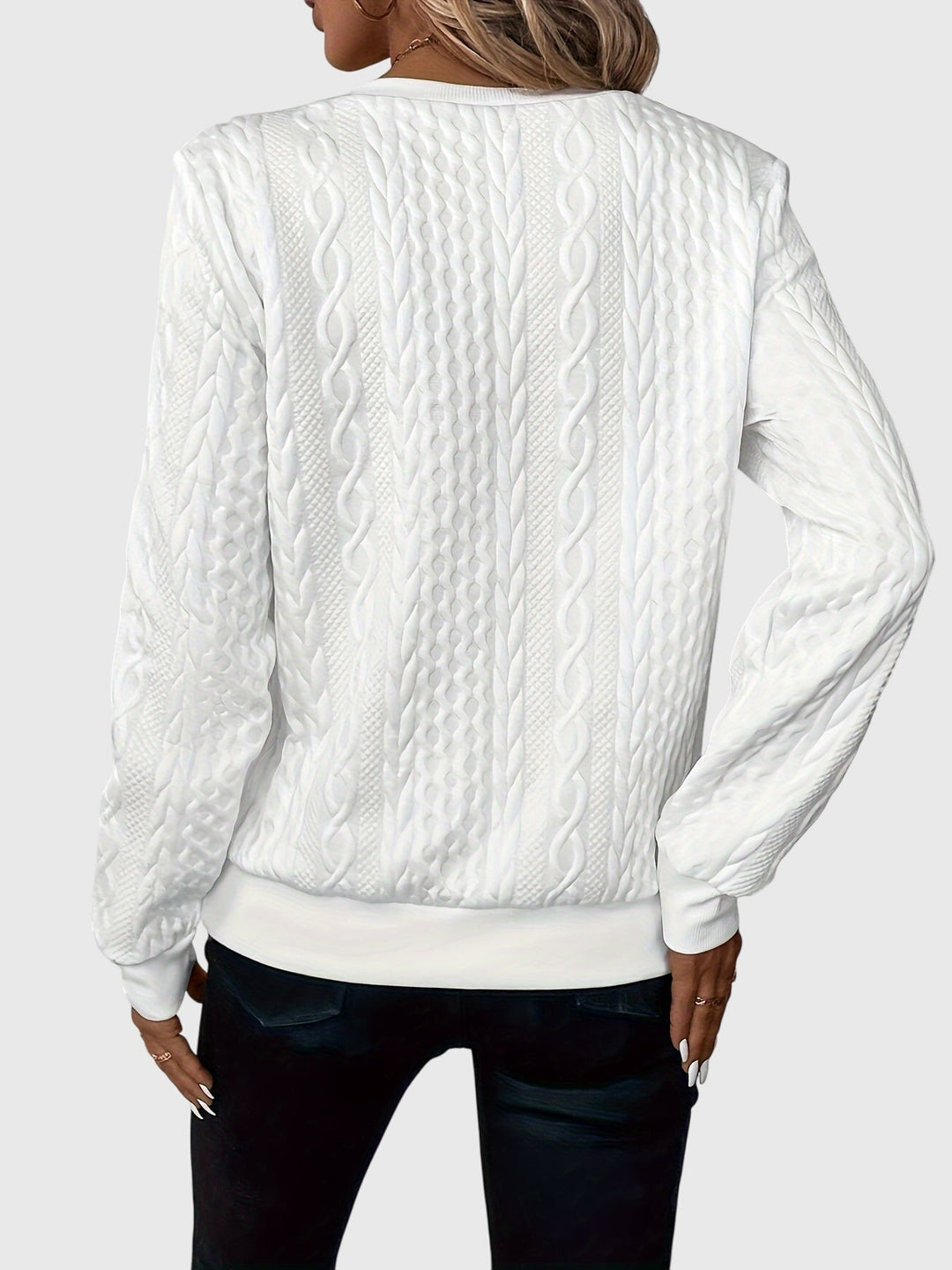 Casual women's light blue cable knit quarter-zip sweater, soft & stylish for daily wear.