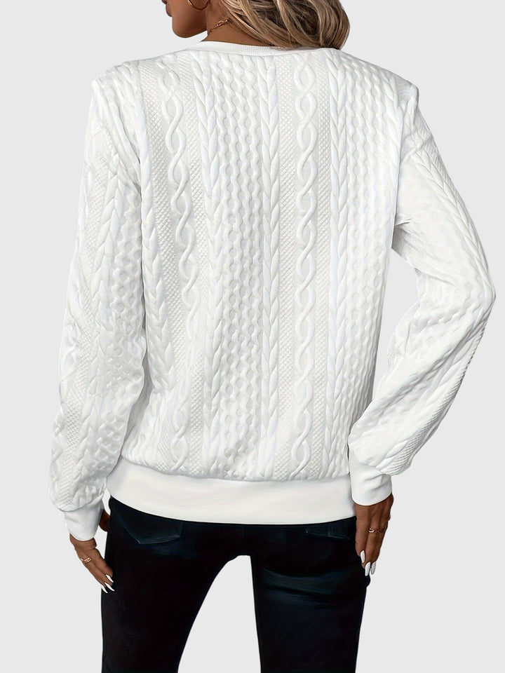 Casual women's light blue cable knit quarter-zip sweater, soft & stylish for daily wear.