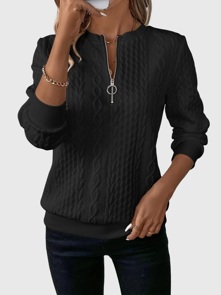 Fashionable women's mustard yellow cable knit pullover, quarter-zip, great layered look.