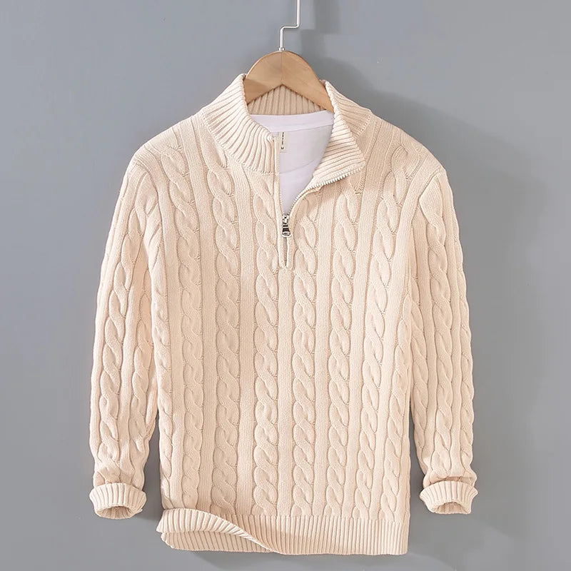Women's cream half-zip cable knit sweater, a cozy and versatile pullover for casual wear.