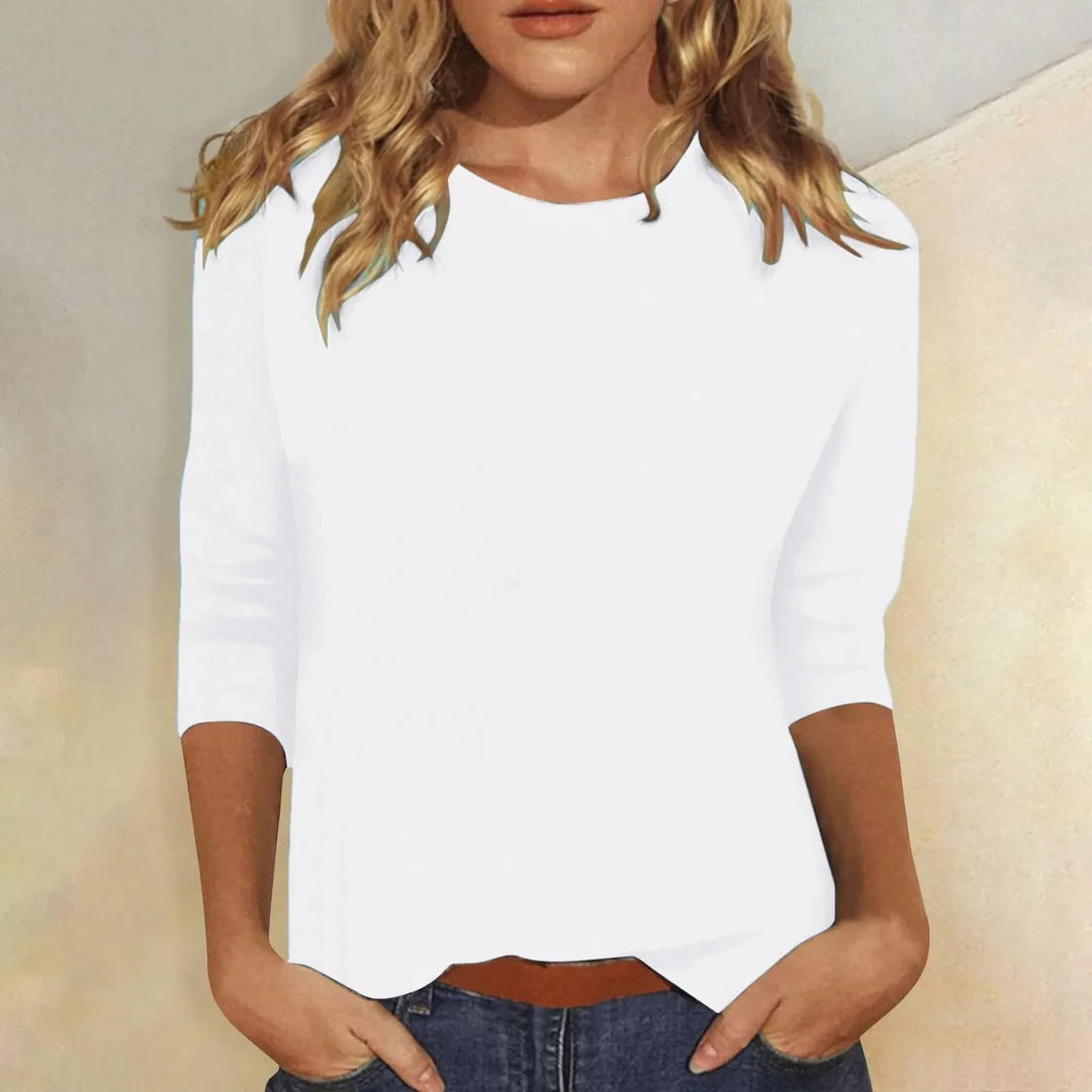 Versatile women's crew neck 3/4 sleeve top, relaxed fit for everyday, office, or weekend style.