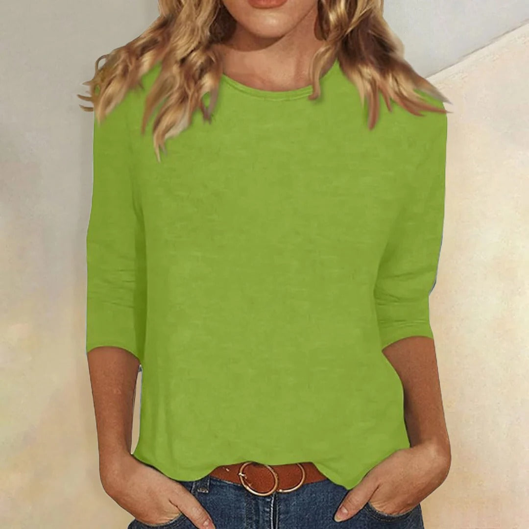 Comfortable women's crew neck 3/4 sleeve top with a relaxed fit, a staple for versatile fashion.