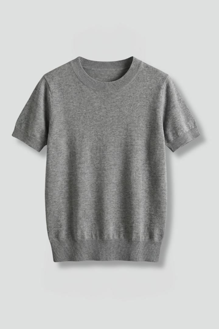 Women's crew neck knit top with short sleeves, perfect for casual wear & everyday comfort.