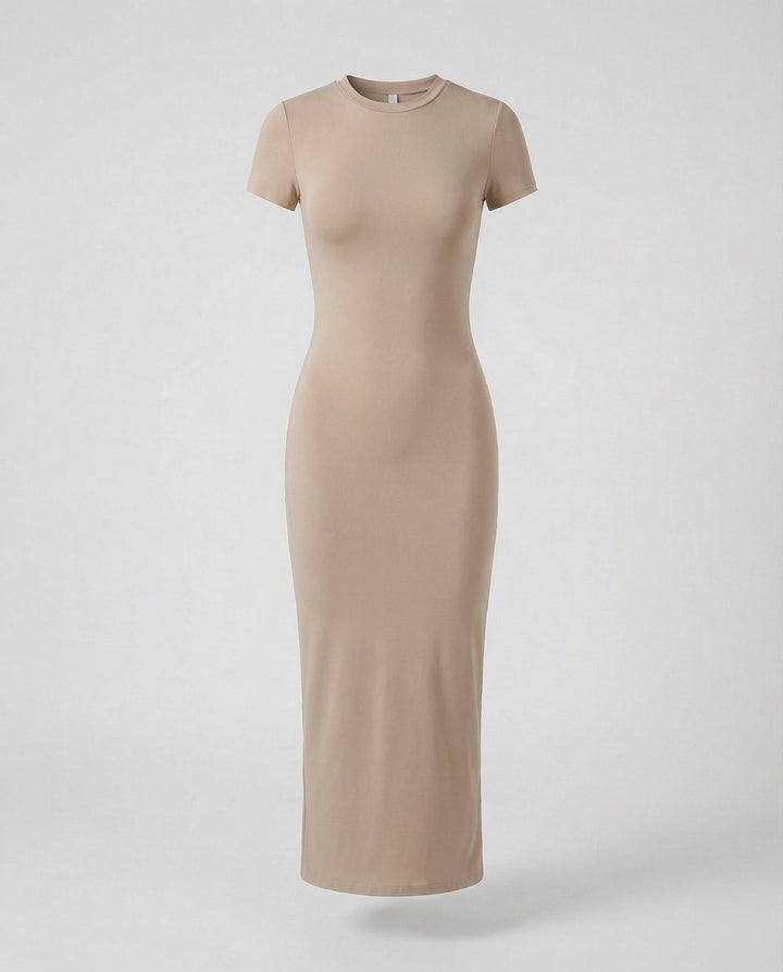 Fashionable women's crew neck short sleeve bodycon maxi dress, a fitted and elegant summer staple.