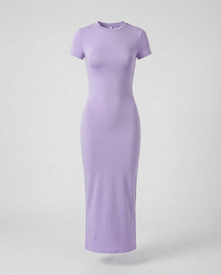 Versatile women's short sleeve bodycon maxi dress, fitted and elegant for day or evening wear.