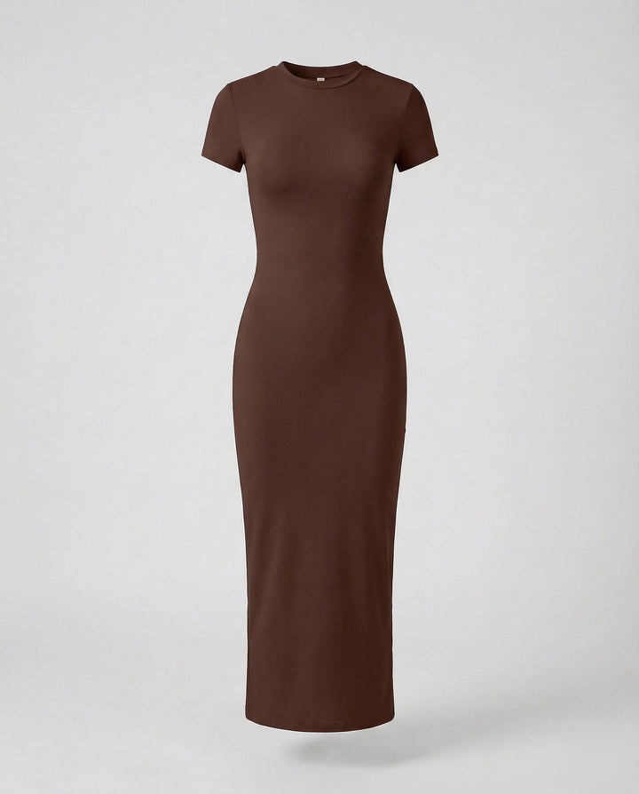 Women's crew neck bodycon maxi dress, short sleeve fitted design for an elegant, casual chic summer look.