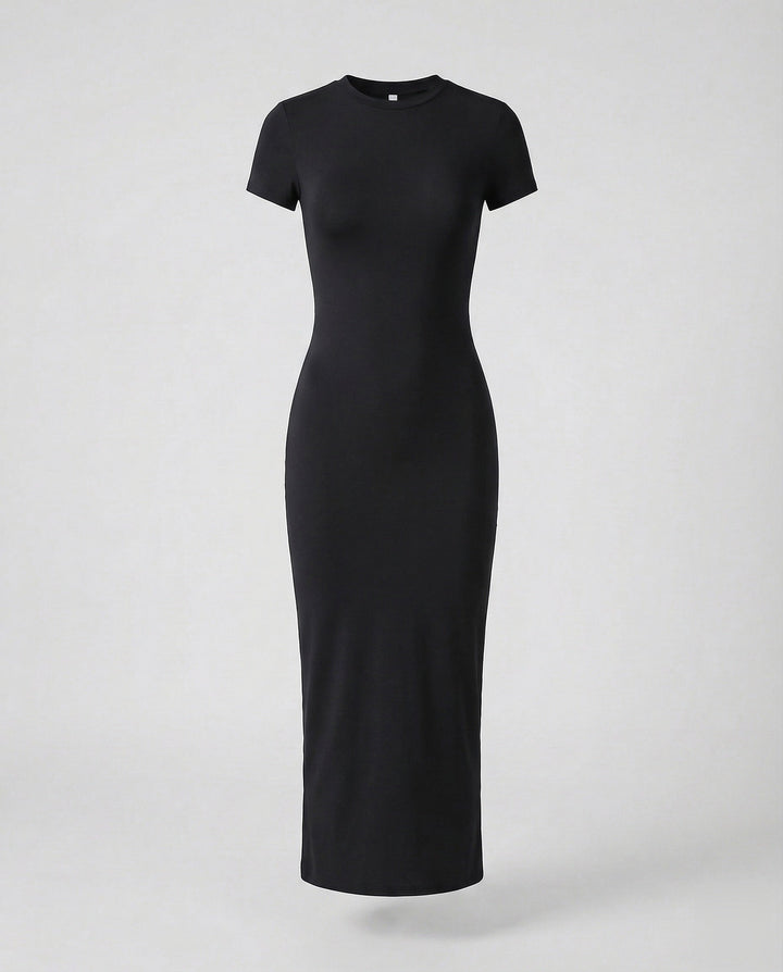 Elegant women's short sleeve crew neck maxi dress, a fitted bodycon design for sophisticated fashion.