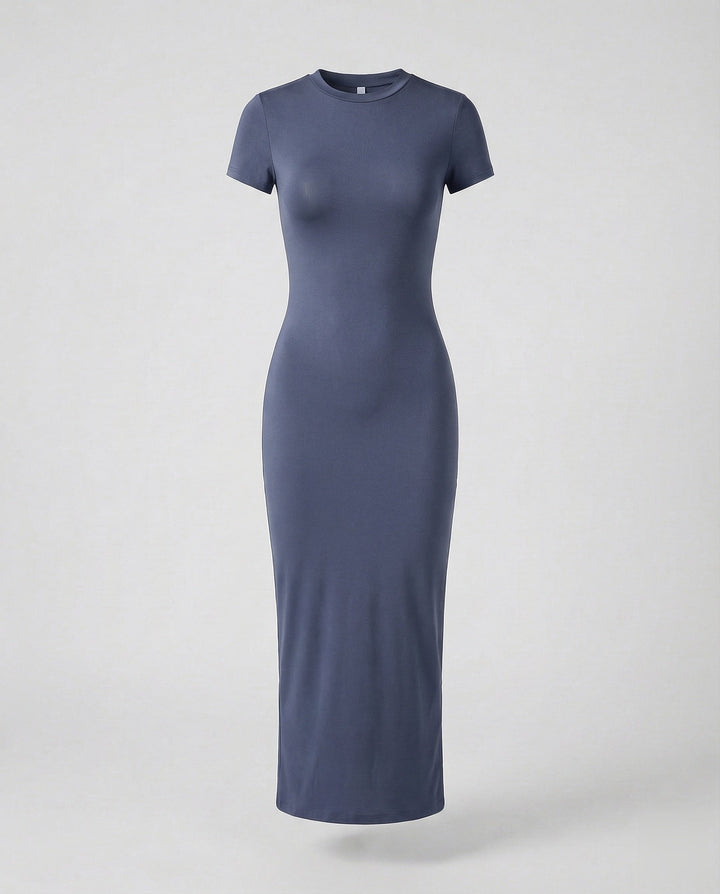 Women's fitted bodycon maxi dress, crew neck, short sleeve, perfect for a sleek & versatile look.