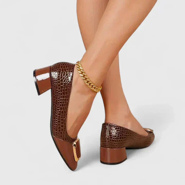 Women's croc embossed block heel loafers with elegant gold buckle, perfect for office wear & dressy occasions.