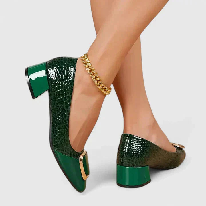 Elegant women's croc embossed loafers featuring a sturdy block heel & shiny gold buckle. Stylish square toe flats.