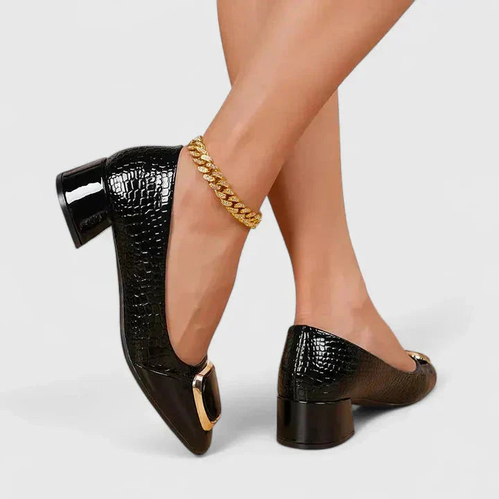 Stylish women's croc embossed block heel loafers, ideal elegant office wear or versatile dress shoes with gold buckle.