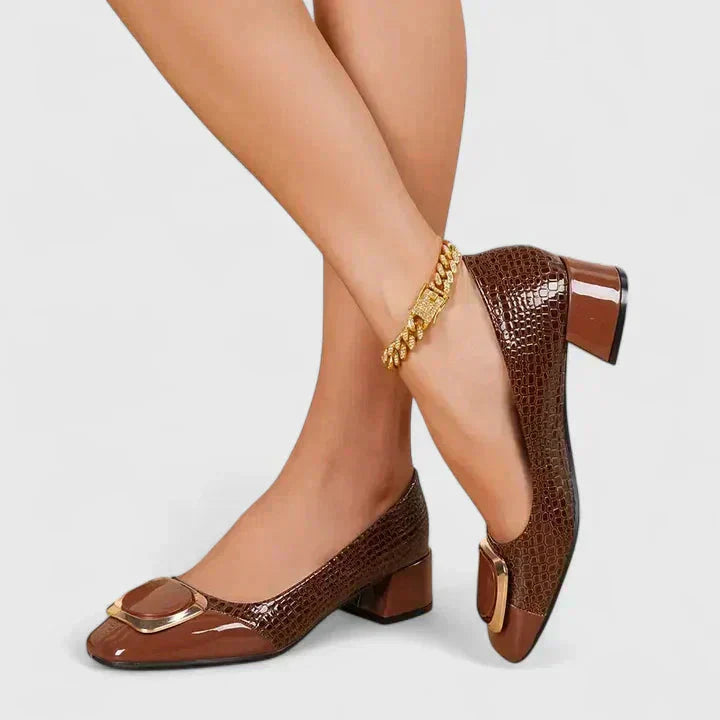 Women's croc embossed block heel loafers with modern square toe & gold buckle. Comfortable and elegant women's flats.