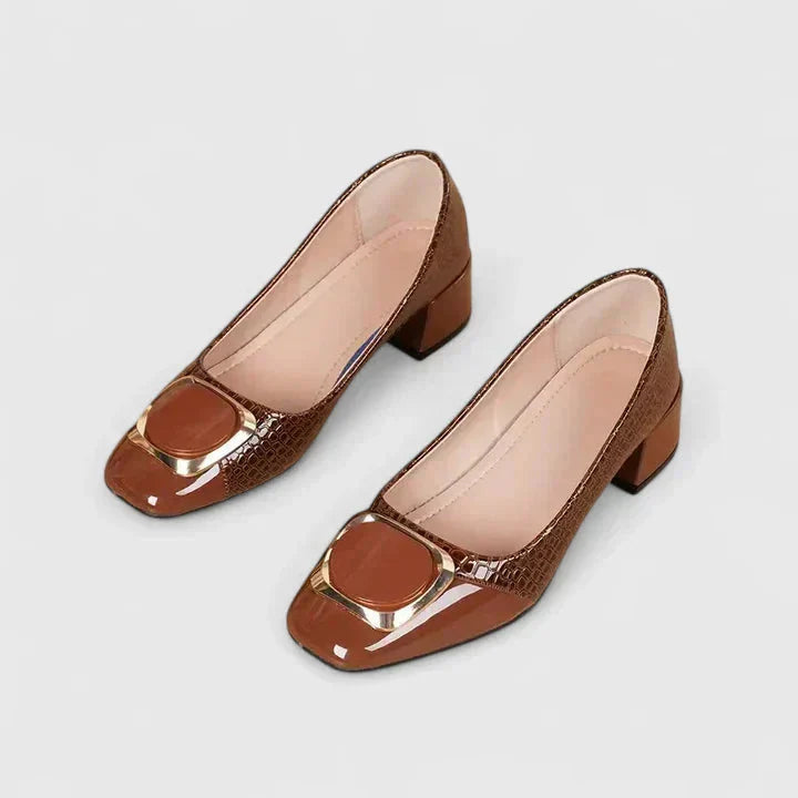 Versatile women's croc embossed block heel loafers with gleaming gold buckle, perfect elegant dress shoes or comfy flats.