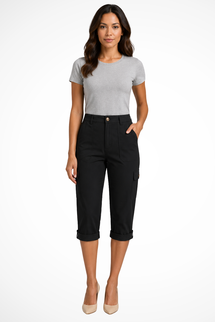 Women's cropped cargo pants with utility pockets for casual everyday wear. Relaxed fit capri style.