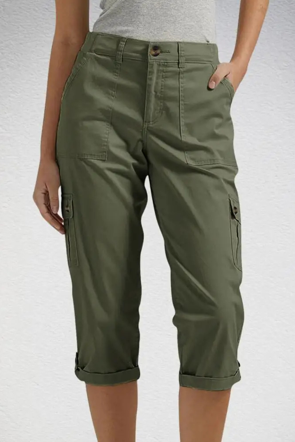 Side view of women's cropped cargo pants, highlighting utility cargo pockets. Relaxed fit for casual wear.