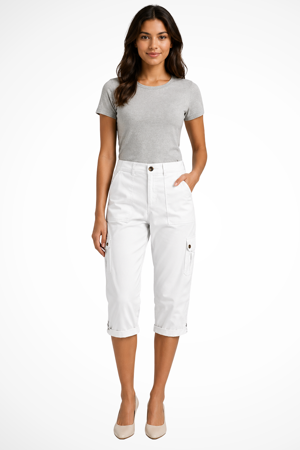 Stylish women's cropped pants, perfect for summer. Relaxed fit utility capris with practical cargo pockets.
