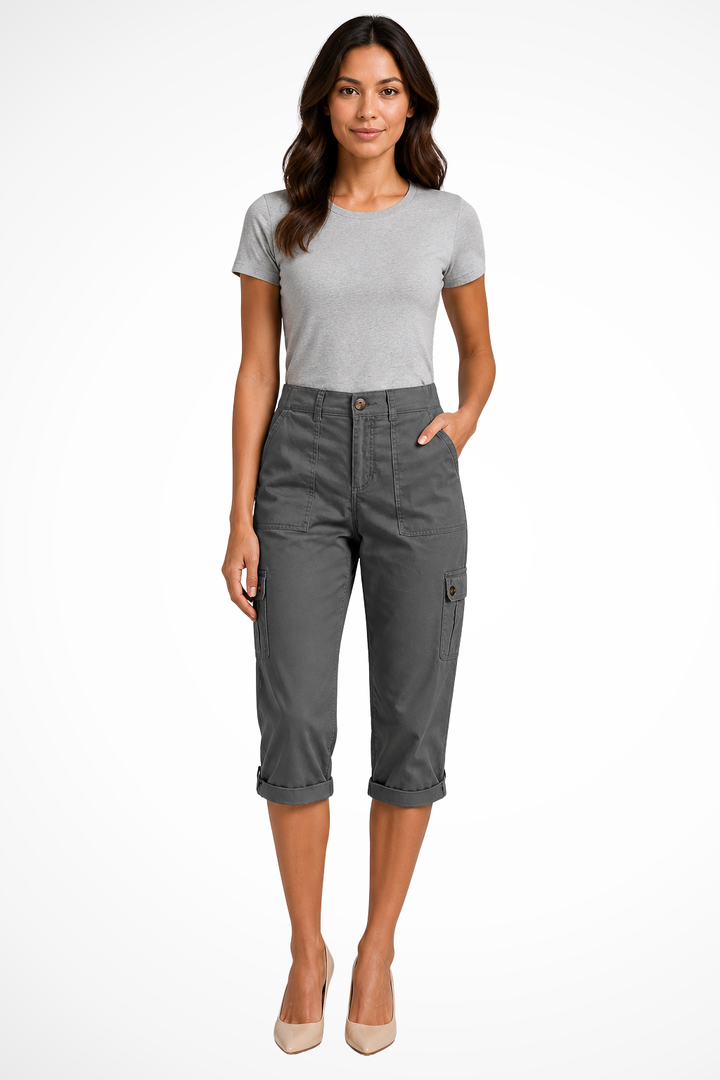 Women's cargo pocket pants, cropped and relaxed fit. Essential utility capris for travel and casual style.
