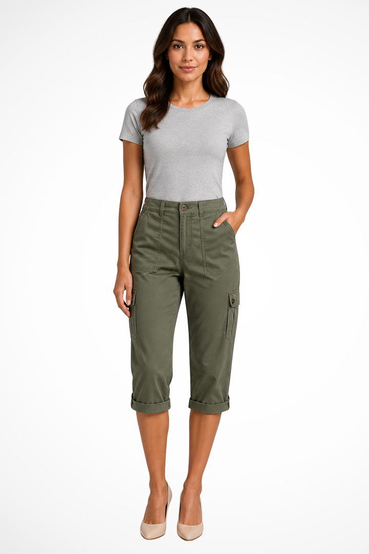 Relaxed fit women's cropped cargo pants. Comfortable utility capris with ample pockets, ideal for casual wear.