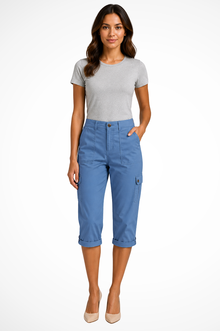 Durable women's utility cargo pants, cropped length. Practical pocket pants for everyday adventures and travel.
