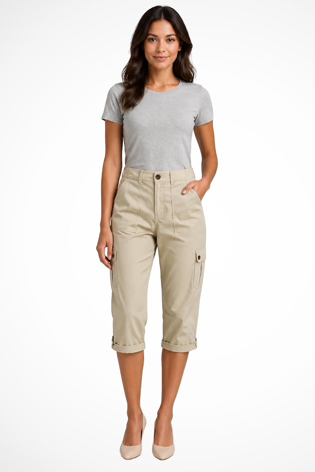 Stylish women's cropped cargo pants. Relaxed fit utility capris with side pockets, great for summer style.