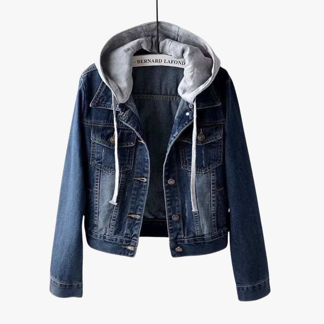Women's cropped jacket with a versatile detachable hood, perfect for casual layering.