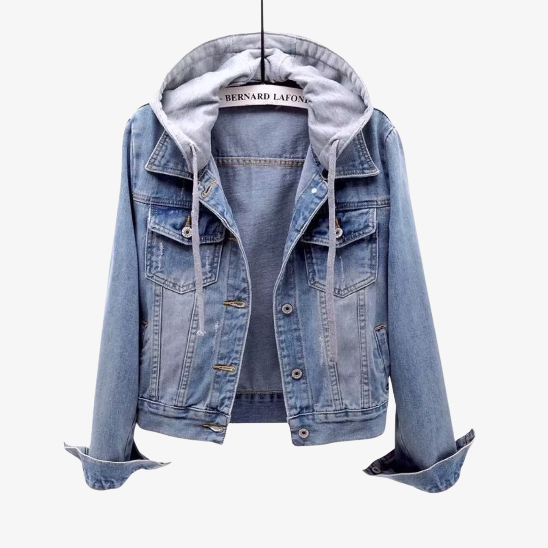 Versatile women's cropped hooded jacket with detachable hood, great for layering & everyday style.