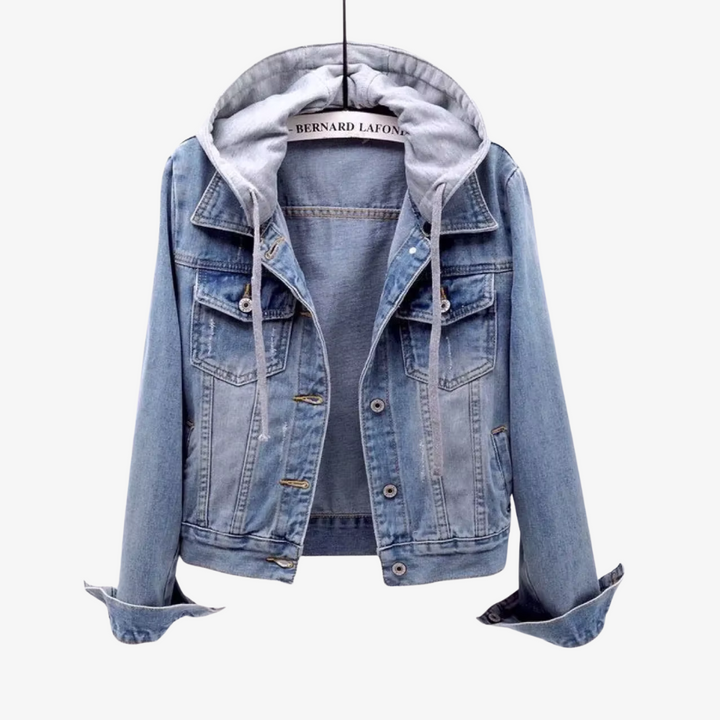 Versatile women's cropped hooded jacket with detachable hood, great for layering & everyday style.