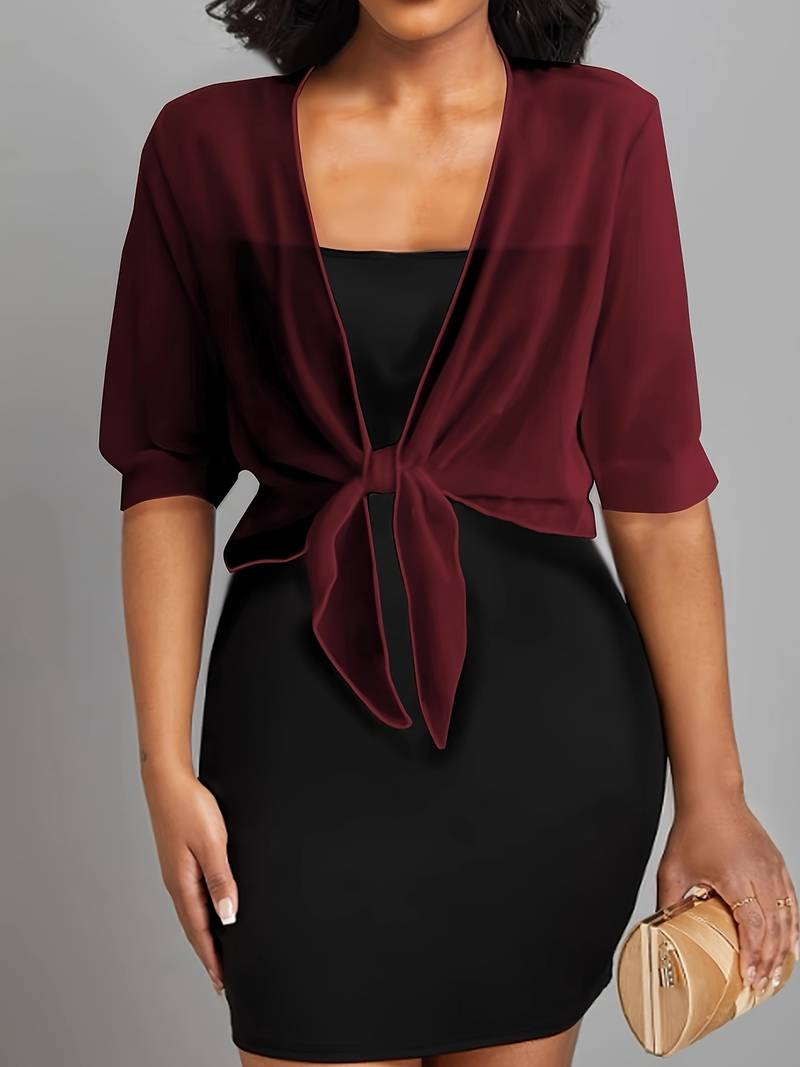 Versatile women's tie-front sheer bolero; cropped fashion accessory for elegant layering.