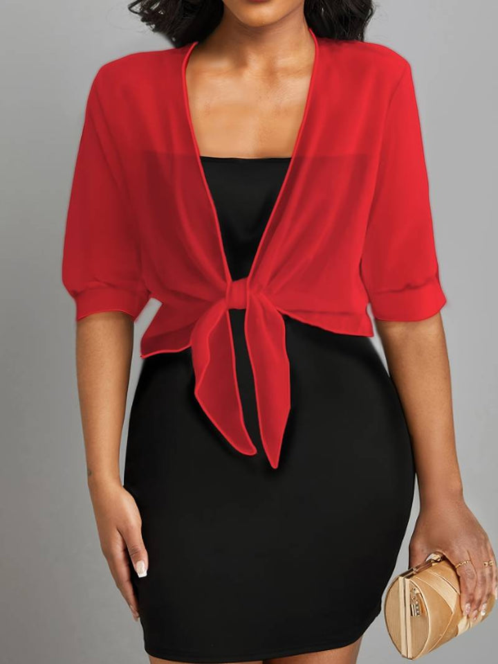 Lightweight sheer fabric women's bolero, cropped tie-front design; stylish layering top.