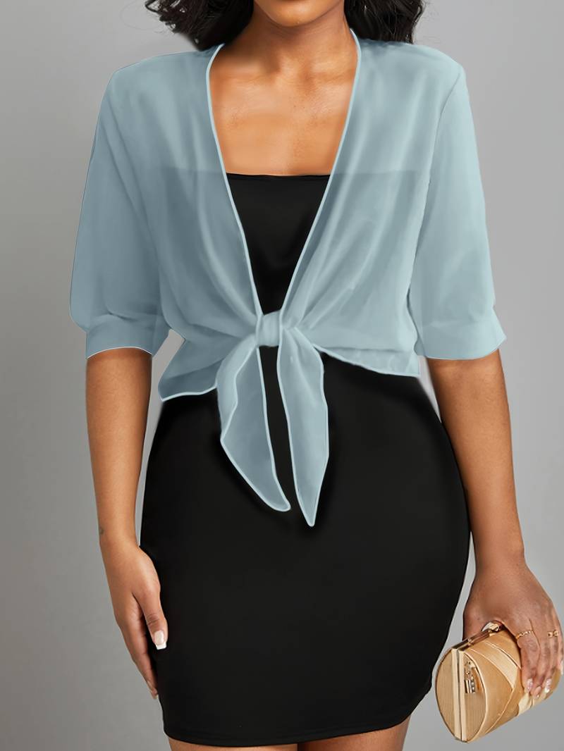 Elegant women's cropped sheer bolero, tie-front blouse for day-to-night layering.