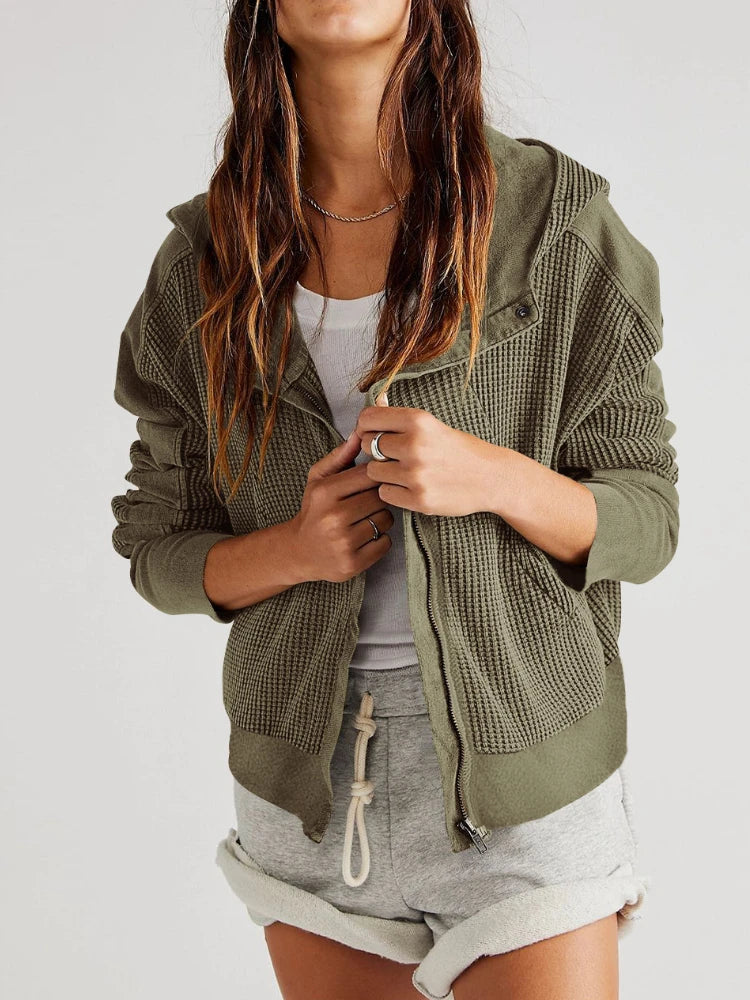 Women's cropped waffle-knit zip hoodie in charcoal, comfy loungewear style