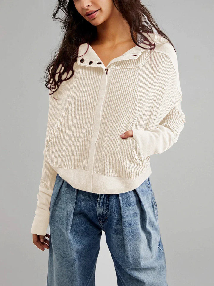 Women's comfortable cropped waffle-knit zip hoodie in a rich burgundy, fall fashion