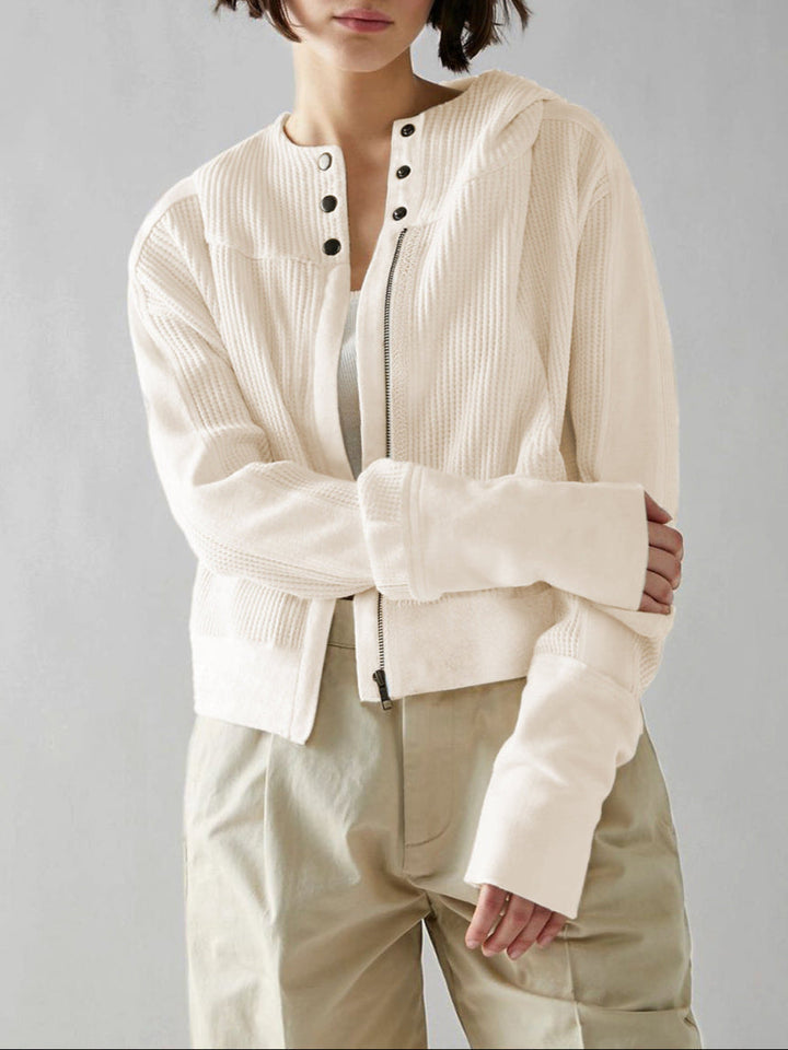 Back view of women's comfortable cropped waffle-knit zip hoodie, perfect for loungewear