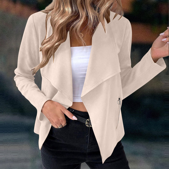 Chic women's cropped jacket featuring an elegant waterfall lapel, ideal for casual or office wear.